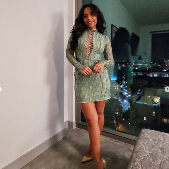 House of CB 'Dylan' Green Colour Ivy Printed Mesh Lace Up Mini Dress - Picture 3 of 14